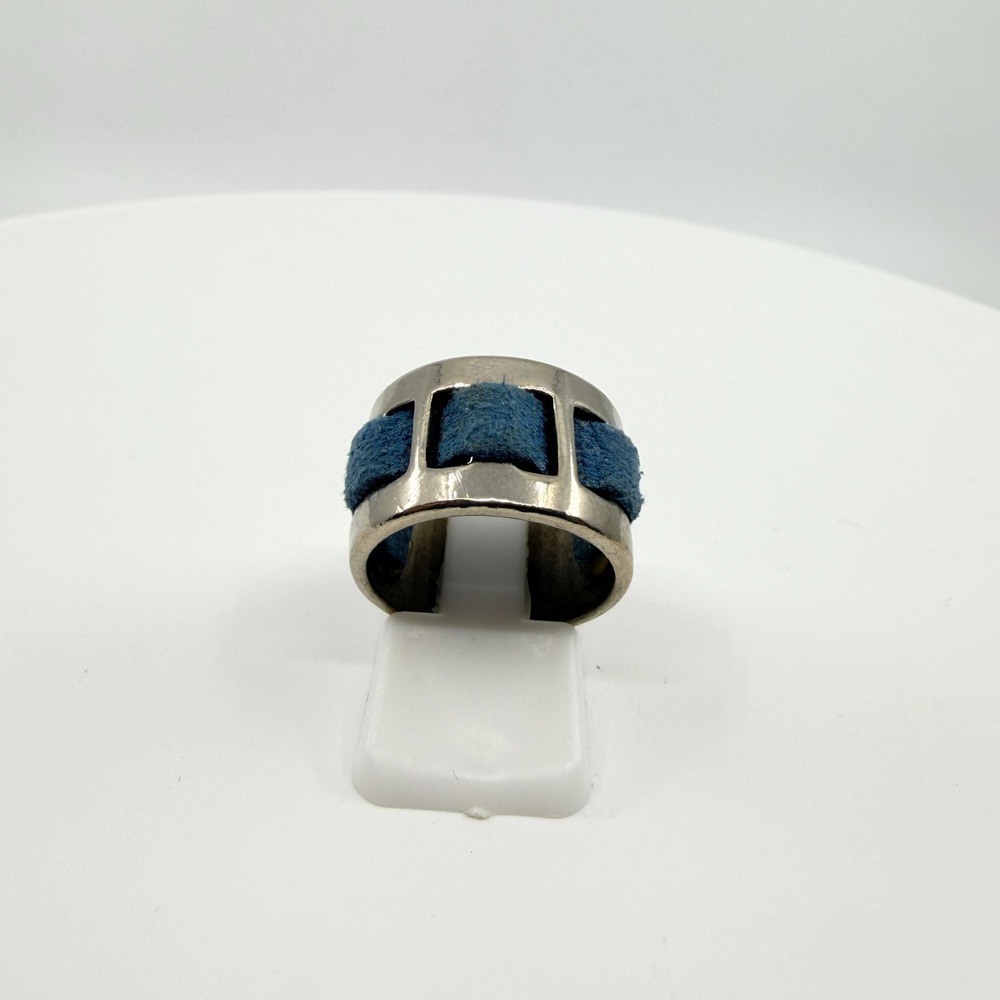 Vintage Silver Tone Blue Suede Leather Inlay Wide Band Y2K Cutout Ring